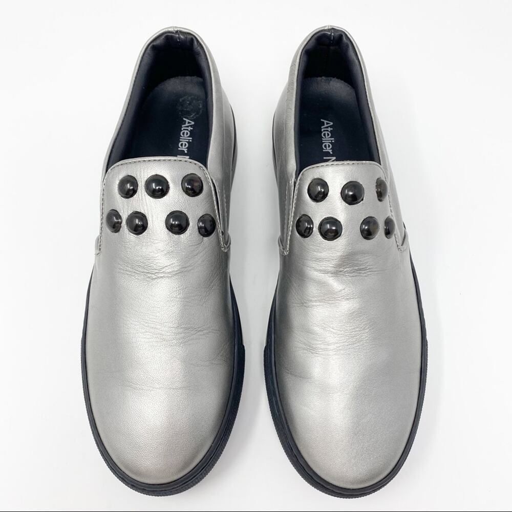 Atelier Notify Italian Leather Silver Loafers with‎ Dome Embellishments 38